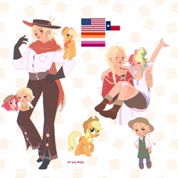 Size: 2048x2048 | Tagged: safe, artist:cryweas, apple bloom, applejack, rainbow dash, earth pony, human, pony, g4, alternate hairstyle, american flag, applejack's hat, apron, armpits, bandaid, bandana, belt, boots, clothes, cowboy boots, cowboy hat, denim, farmer's tan, female, freckles, gloves, hat, high res, humanized, jeans, jewelry, lesbian, lesbian pride flag, necklace, open mouth, overalls, pants, poncho, pride, pride flag, raised hoof, reference sheet, scar, ship:appledash, shipping, shirt, shoes, shorts, siblings, sisters, sports bra, tan lines, tank top, texas, unshorn fetlocks