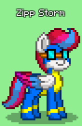 Size: 528x804 | Tagged: safe, zipp storm, pegasus, pony, pony town, g5, clothes, goggles, green background, simple background, solo, uniform, wonderbolts uniform