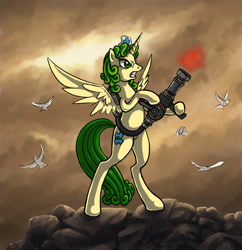 Size: 757x783 | Tagged: safe, artist:choedan-kal, oc, oc:auntie dote, alicorn, bird, dove, pony, female, mare, medigun, solo, team fortress 2