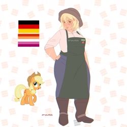 Size: 2048x2048 | Tagged: safe, artist:cryweas, applejack, earth pony, human, pony, g4, alternate hairstyle, applebucking thighs, applejack's hat, apron, boots, breasts, busty applejack, chubby, clothes, cowboy boots, cowboy hat, denim, freckles, german, germany, hat, high res, humanized, jeans, lesbian pride flag, open mouth, overalls, pants, pride, pride flag, raised hoof, reference sheet, scar, shoes, solo, thighs, thunder thighs