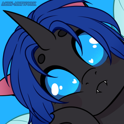 Size: 2000x2000 | Tagged: safe, artist:acry-artwork, oc, oc only, oc:swift dawn, changeling, blue background, blue changeling, blue eyes, changeling oc, close-up, commission, eyebrows, fangs, heart, heart eyes, hello, high res, hoof on face, horn, looking at you, male, signature, simple background, solo, wingding eyes, wings, ych result