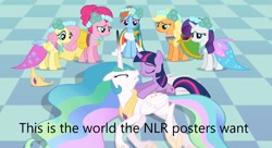 Size: 1280x695 | Tagged: safe, edit, edited screencap, screencap, applejack, fluttershy, pinkie pie, princess celestia, rainbow dash, rarity, twilight sparkle, alicorn, earth pony, pegasus, pony, unicorn, derpibooru, a canterlot wedding, g4, alternate hairstyle, bridesmaid, bridesmaid applejack, bridesmaid dash, bridesmaid dress, bridesmaid fluttershy, bridesmaid pinkie, bridesmaid rarity, bridesmaids, caption, clothes, dress, gown, image macro, lying down, mane six, meta, new lunar republic, odd one out, on side, royal wedding, text, unicorn twilight