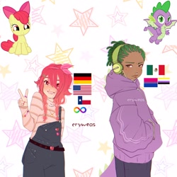 Size: 2048x2048 | Tagged: safe, artist:cryweas, apple bloom, spike, dragon, earth pony, human, pony, g4, alternate hairstyle, american flag, apple bloom's bow, belt, bisexual pride flag, bow, bracelet, braces, clothes, dark skin, denim, dreadlocks, duo, eyebrow piercing, female, filly, foal, freckles, german, germany, hair bow, headphones, high res, hoodie, humanized, jeans, jewelry, mexican, mexican flag, necklace, nonbinary, nonbinary pride flag, nonbinary spike, nose piercing, nose ring, older, overalls, pants, peace sign, piercing, pride, pride flag, ring, shirt, sitting, teenager, texas, winged spike, wings