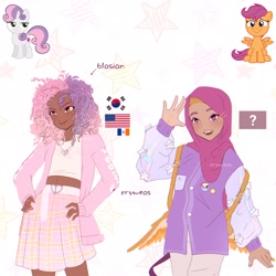 Size: 2048x2048 | Tagged: safe, artist:cryweas, rainbow dash, scootaloo, sweetie belle, human, pegasus, pony, unicorn, g4, alternate hairstyle, american flag, bag, belt, cardigan, clothes, dark skin, denim, duo, female, filly, foal, high res, hijab, humanized, islam, jeans, jersey, jewelry, korean, midriff, nail polish, necklace, older, pants, ring, shirt, skirt, south korea, teenager, waving