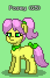 Size: 516x804 | Tagged: safe, posey bloom, earth pony, pony, pony town, g5, bow, female, green background, jewelry, mare, necklace, simple background, solo