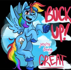 Size: 695x688 | Tagged: safe, artist:2strangecrows, rainbow dash, pegasus, pony, g4, dimples, goggles, motivational, rainbow, solo