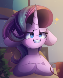 Size: 2200x2700 | Tagged: safe, artist:miryelis, phyllis, starlight glimmer, pony, unicorn, g4, big ears, cup, cute, eye clipping through hair, facial expressions, floppy ears, glimmerbetes, gradient mane, grin, high res, hooves, hooves together, horn, plant, scene interpretation, smiling, solo, sparkles, starlight's office, table