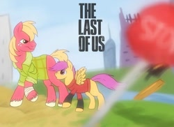 Size: 712x519 | Tagged: safe, artist:daffidaizy, big macintosh, scootaloo, earth pony, pegasus, pony, g4, clothes, ellie, female, filly, foal, joel, male, parody, shirt, stallion, the last of us