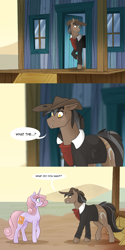 Size: 1280x2562 | Tagged: safe, artist:lolepopenon, oc, oc:oliver, oc:sweet tales, earth pony, pony, unicorn, ask billie the kid, comic, duo, female, glasses, hat, male, mare, stallion