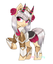 Size: 1920x2313 | Tagged: safe, artist:pinkerminty, pony, clothes, female, genshin impact, horns, mare, noelle (genshin impact), ponified, simple background, transparent background