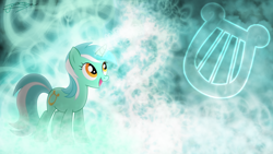 Size: 1920x1080 | Tagged: safe, artist:jamey4, lyra heartstrings, pony, unicorn, g4, abstract background, cutie mark, female, mare, open mouth, open smile, signature, smiling, solo, wallpaper