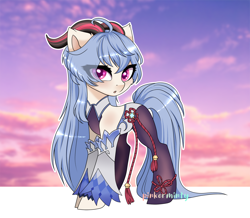 Size: 1920x1678 | Tagged: safe, artist:pinkerminty, goat, pony, clothes, eye clipping through hair, eyebrows, eyebrows visible through hair, female, ganyu (genshin impact), genshin impact, horns, mare, open mouth, ponified