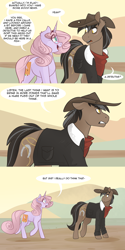 Size: 1280x2562 | Tagged: safe, artist:lolepopenon, oc, oc:oliver, oc:sweet tales, earth pony, pony, unicorn, ask billie the kid, comic, duo, female, glasses, hat, male, mare, stallion