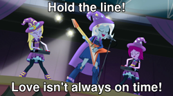 Size: 1280x714 | Tagged: safe, edit, edited screencap, screencap, fuchsia blush, lavender lace, trixie, human, equestria girls, g4, my little pony equestria girls: rainbow rocks, caption, electric guitar, eyes closed, female, guitar, hold the line, image macro, microphone, musical instrument, playing instrument, rock (music), singing, song reference, stage, text, toto (band), trio, trio female, trixie and the illusions