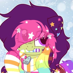 Size: 2048x2048 | Tagged: safe, artist:moonydropps, oc, oc only, pony, candy, candy cane, clothes, female, food, hair, high res, mane, mare, scarf, snow, snowfall, socks, solo, stars, striped scarf, striped socks