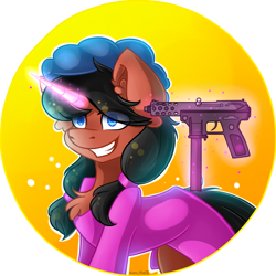 Size: 2020x2020 | Tagged: safe, artist:yuris, oc, oc only, oc:stacey, pony, unicorn, clothes, commission, ears up, female, gun, high res, madness, magic, reaction image, smiling, solo, telekinesis, weapon