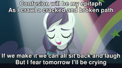 Size: 1280x720 | Tagged: safe, edit, edited screencap, screencap, coloratura, earth pony, pony, g4, caption, epitaph, image macro, king crimson, solo, song reference, text