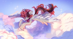 Size: 1280x698 | Tagged: safe, artist:vanilla-chan, oc, oc only, pegasus, pony, cloud, flying, pegasus oc, sky, solo, sparkles, spread wings, wings