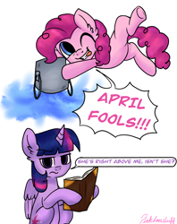 Size: 1948x2460 | Tagged: safe, artist:pinkdoesstuff, pinkie pie, twilight sparkle, alicorn, earth pony, pony, g4, april fools, april fools 2023, book, bucket, cute, dialogue, diapinkes, duo, duo female, female, irritated, looking at you, prank, simple background, speech bubble, twilight sparkle (alicorn), twilight sparkle is not amused, unamused, water, white background