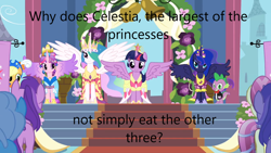 Size: 1280x720 | Tagged: safe, edit, edited screencap, screencap, amethyst star, applejack, fleur de verre, linky, princess cadance, princess celestia, princess luna, shoeshine, sparkler, spike, twilight sparkle, alicorn, pony, g4, magical mystery cure, big crown thingy, caption, element of magic, futurama, image macro, jewelry, male, regalia, text, twilight sparkle (alicorn)