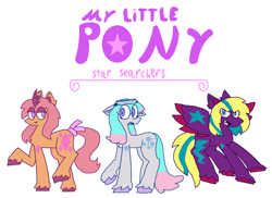 Size: 1049x762 | Tagged: safe, artist:stilbie, oc, oc only, oc:dew diamond, oc:flurry thunder, oc:sparky circuit, earth pony, pegasus, pony, unicorn, bow, chest fluff, colored ears, colored hooves, colored horn, colored wings, ear fluff, earth pony oc, female, g6, horn, logo, pegasus oc, simple background, tail, tail bow, trio, trio female, unicorn oc, unshorn fetlocks, white background, wings