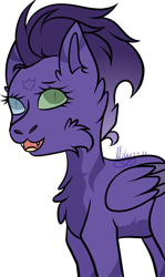 Size: 2013x3370 | Tagged: safe, artist:thecommandermiky, oc, oc only, oc:miky command, hybrid, pegasus, pony, chest fluff, fangs, female, happy, high res, hybrid oc, looking at you, mare, open mouth, pegasus oc, purple hair, purple mane, simple background, smiling, solo, spots, transparent background, wings