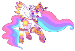 Size: 1079x740 | Tagged: safe, artist:stilbie, princess celestia, alicorn, pony, g4, alternative cutie mark placement, colored wings, crown, ear fluff, ear piercing, earring, facial cutie mark, female, hoof shoes, horn, horn jewelry, jewelry, leg bracelet, mare, peytral, piercing, rainbow power, rainbow power-ified, regalia, simple background, solo, white background, wings