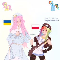 Size: 2048x2048 | Tagged: safe, artist:cryweas, fluttershy, rainbow dash, human, pegasus, pony, g4, :p, alternate hairstyle, bag, bomber jacket, clothes, dress, duo, evening gloves, feather, female, fingerless elbow gloves, fingerless gloves, gloves, goggles, goggles on head, hat, high res, humanized, jacket, jewelry, long gloves, mare, necklace, piercing, poland, shorts, simple background, tank top, tongue out, tongue piercing, ukraine, ukraine flag, white background