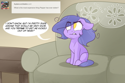 Size: 1280x854 | Tagged: safe, artist:lolepopenon, oc, oc only, oc:billie, earth pony, pony, ask billie the kid, ask, couch, ears back, female, filly, foal, frown, solo
