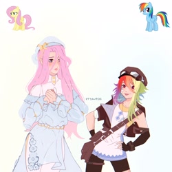 Size: 2048x2048 | Tagged: safe, alternate version, artist:cryweas, fluttershy, rainbow dash, human, pegasus, pony, g4, :p, alternate hairstyle, bag, bomber jacket, clothes, dress, duo, evening gloves, feather, female, fingerless elbow gloves, fingerless gloves, gloves, goggles, goggles on head, hat, high res, humanized, jacket, jewelry, long gloves, mare, necklace, piercing, shorts, simple background, tank top, tongue out, tongue piercing, white background