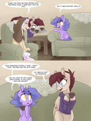 Size: 1280x1708 | Tagged: safe, artist:lolepopenon, oc, oc only, oc:billie, oc:needlework, oc:pepper, earth pony, pegasus, pony, ask billie the kid, clothes, comic, cup, female, filly, foal, hoodie, teacup