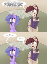 Size: 1280x1708 | Tagged: safe, artist:lolepopenon, oc, oc only, oc:billie, oc:pepper, earth pony, pegasus, pony, ask billie the kid, clothes, comic, cup, duo, female, filly, foal, hoodie, teacup