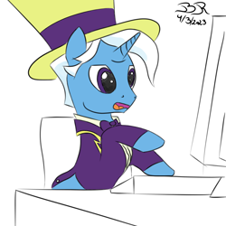 Size: 1000x1000 | Tagged: safe, artist:bifrose, jack pot, pony, g4, angry, clothes, computer, hat, male, simple background, solo, stallion, suit, typing, white background