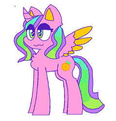 Size: 924x968 | Tagged: safe, artist:stilbie, oc, oc only, oc:citrine, goat, goat pony, pony, chest fluff, colored ears, colored wings, female, gradient eyes, gradient mane, hybrid oc, mascara, not an alicorn, simple background, solo, white background, wings