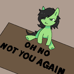 Size: 600x597 | Tagged: safe, artist:omelettepony, oc, oc:filly anon, earth pony, pony, bags under eyes, carpet, drawthread, earth pony oc, female, filly, foal, looking at you, meme, pixel art, ponified, ponified animal photo, ponified meme, ponybooru import, sitting, text, unamused, underhoof