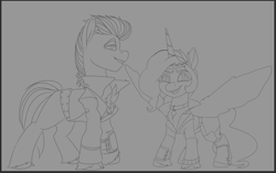 Size: 922x579 | Tagged: safe, artist:brainiac, hitch trailblazer, pipp petals, earth pony, pegasus, pony, fallout equestria, g5, brainiacs sketchbook (set), clothes, cosplay, costume, fallout, female, jumpsuit, male, mare, stallion, vault suit