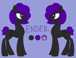 Size: 1417x1085 | Tagged: safe, artist:gracecloudd, oc, oc only, oc:ender, enderman, pegasus, pony, color palette, concave belly, folded wings, minecraft, pegasus oc, purple background, reference sheet, short tail, simple background, slender, solo, tail, thin, wings