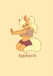 Size: 1423x2048 | Tagged: safe, artist:mscolorsplash, part of a set, applejack, earth pony, anthro, g4, alternate hairstyle, belly button, braless, breasts, busty applejack, clothes, eyes closed, female, kneeling, mare, midriff, orange background, ponytail, shorts, simple background, smiling, solo, stretching, underboob, wide hips, yellow background
