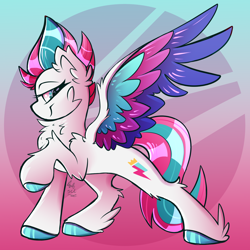 Size: 1500x1500 | Tagged: safe, artist:starcasteclipse, zipp storm, pegasus, pony, g5, backwards cutie mark, chest fluff, colored hooves, colored wings, colored wingtips, concave belly, ear fluff, female, leg fluff, mare, multicolored wings, profile, raised hoof, signature, slender, solo, spread wings, thin, wing fluff, wings