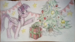 Size: 1261x699 | Tagged: safe, artist:taika403, twilight sparkle, alicorn, pony, g4, christmas, christmas tree, happy new year, holiday, present, traditional art, tree, twilight sparkle (alicorn)