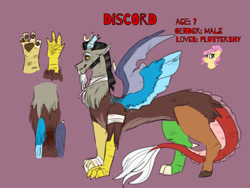 Size: 1024x768 | Tagged: safe, artist:cocolove2176, discord, fluttershy, draconequus, g4, bandage, female, implied discoshy, implied shipping, implied straight, injured, jewelry, male, name, paw pads, purple background, quadrupedal, ring, sideburns, simple background, solo, text, torn wings, wedding ring, wings