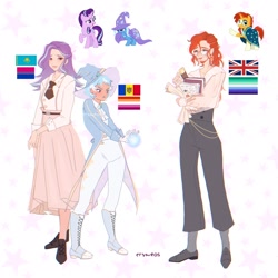 Size: 2048x2048 | Tagged: safe, alternate version, artist:cryweas, starlight glimmer, sunburst, trixie, human, pony, unicorn, g4, alternate hairstyle, beard, belt, bisexual pride flag, book, boots, british, chains, clothes, coat, ear piercing, earring, eyeshadow, face paint, facial hair, female, flag, freckles, glasses, gloves, grin, hat, high res, humanized, jewelry, kazakhstan, lesbian pride flag, letter, lipstick, magic, makeup, male, mare, mlm pride flag, moldova, necklace, necktie, pants, paper, piercing, pride, pride flag, scroll, shirt, shoes, signature, simple background, skirt, smiling, socks, stallion, stars, suit, suspenders, trio, trixie's hat, union jack, watch, white background, wristwatch