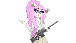 Size: 3840x2160 | Tagged: safe, artist:straighttothepointstudio, oc, oc only, earth pony, anthro, g5, 4k, anime, anthro oc, blue eyes, clothes, digital art, ear fluff, earth pony oc, eyebrows, eyebrows visible through hair, female, glasses, gun, high res, human facial structure, long hair, looking at you, pants, pink hair, rifle, shirt, simple background, sniper, sniper rifle, solo, transparent background, weapon