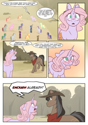 Size: 1280x1819 | Tagged: safe, artist:lolepopenon, oc, oc:oliver, oc:ray o'sunshine, oc:sweet tales, earth pony, pegasus, pony, unicorn, ask billie the kid, comic, female, glasses, hat, male, mare, stallion