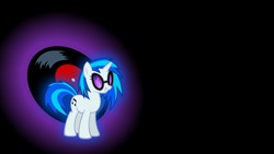 Size: 1920x1080 | Tagged: safe, artist:gurugrendo, dj pon-3, vinyl scratch, pony, unicorn, g4, black background, female, mare, record, simple background, smiling, solo, sunglasses, wallpaper