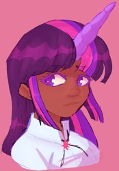 Size: 1357x1950 | Tagged: safe, artist:sunburst1ng, twilight sparkle, human, g4, bust, female, horn, horned humanization, humanized, pink background, simple background, solo