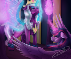 Size: 6000x5000 | Tagged: safe, artist:fastycolors08, opaline arcana, twilight sparkle, alicorn, pony, g5, the last problem, big crown thingy 2.0, crown, fight, jewelry, older, older twilight, older twilight sparkle (alicorn), princess twilight 2.0, regalia, twilight sparkle (alicorn)