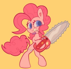 Size: 1580x1532 | Tagged: safe, artist:sunburst1ng, pinkie pie, earth pony, pony, cupcakes hd, g4, chainsaw, female, simple background, solo, yellow background