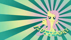 Size: 1920x1080 | Tagged: safe, artist:gurugrendo, artist:moongazeponies, edit, fluttershy, pegasus, pony, g4, abstract background, female, lidded eyes, looking at you, mare, name, smiling, smiling at you, solo, spread wings, sunburst background, wallpaper, wallpaper edit, wings