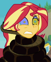 Size: 838x1024 | Tagged: safe, artist:ocean lover, edit, edited screencap, screencap, sunset shimmer, human, snake, equestria girls, equestria girls specials, g4, my little pony equestria girls: better together, my little pony equestria girls: forgotten friendship, animated, beach, coils, constriction, female, gif, hypno eyes, hypnosis, hypnotized, kaa, outdoors, sky, solo, squeeze, squeezing, tugging, wrapped up